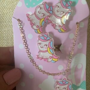 Unicorn Kids Jewelry Set - Includes earrings, necklace and adjustable ring.